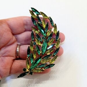 Gigantic Vintage Rhinestone Brooch Green Leaf